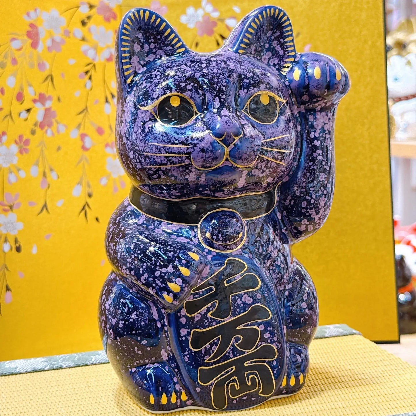 日本清水燒招財貓 透輝石 花紫 特大