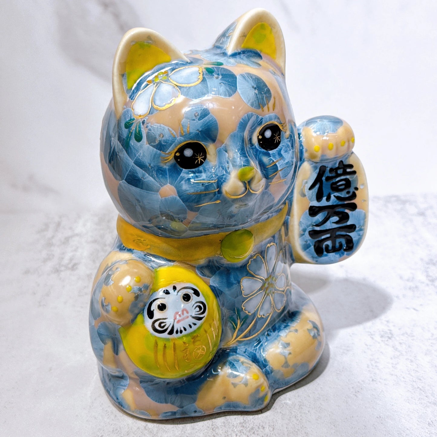 日本清水燒招財貓 達摩 花結晶 灰青 億万両