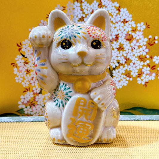 日本清水燒招財貓 花結晶 杏 花火 開運