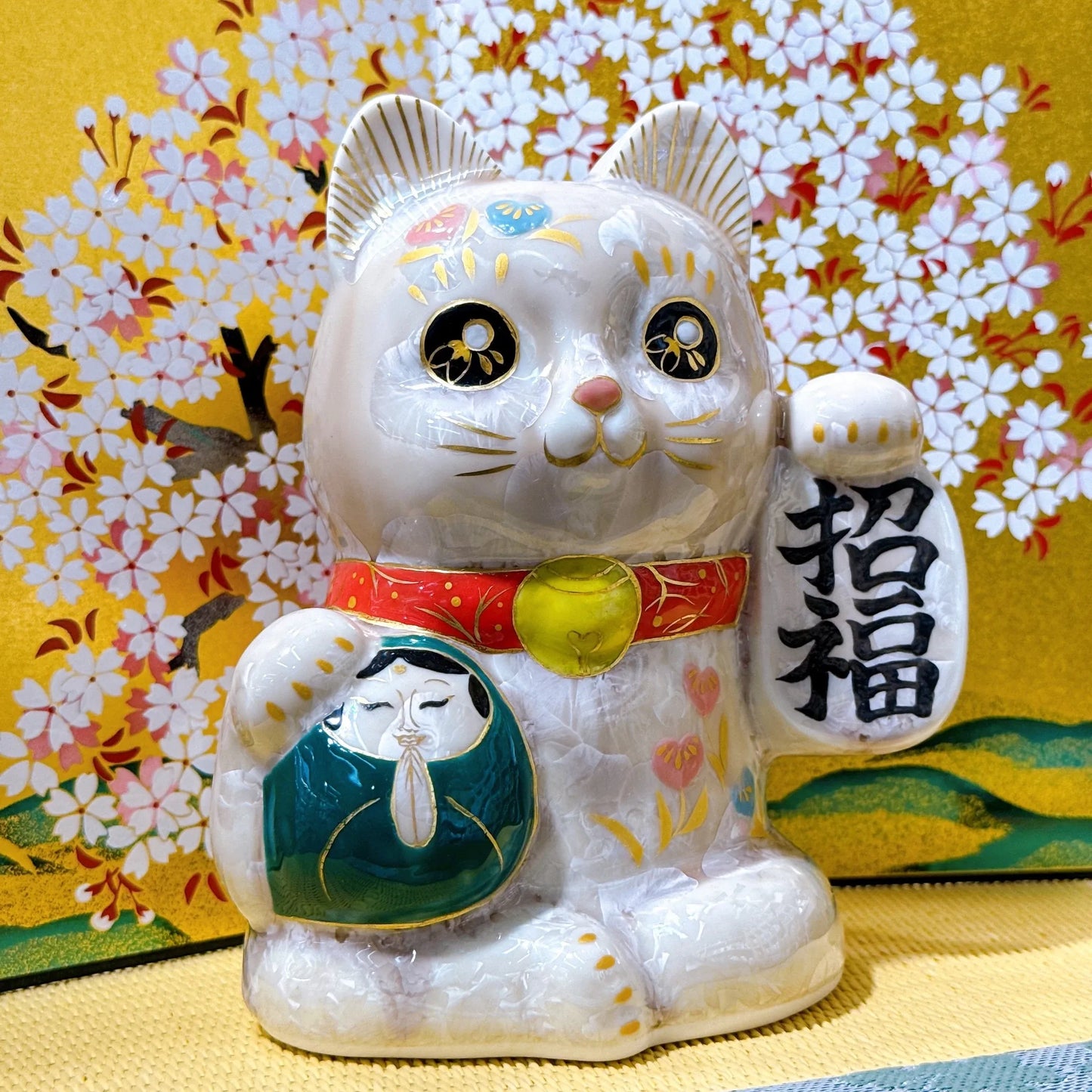 日本清水燒招財貓 達摩 花結晶 杏 招福