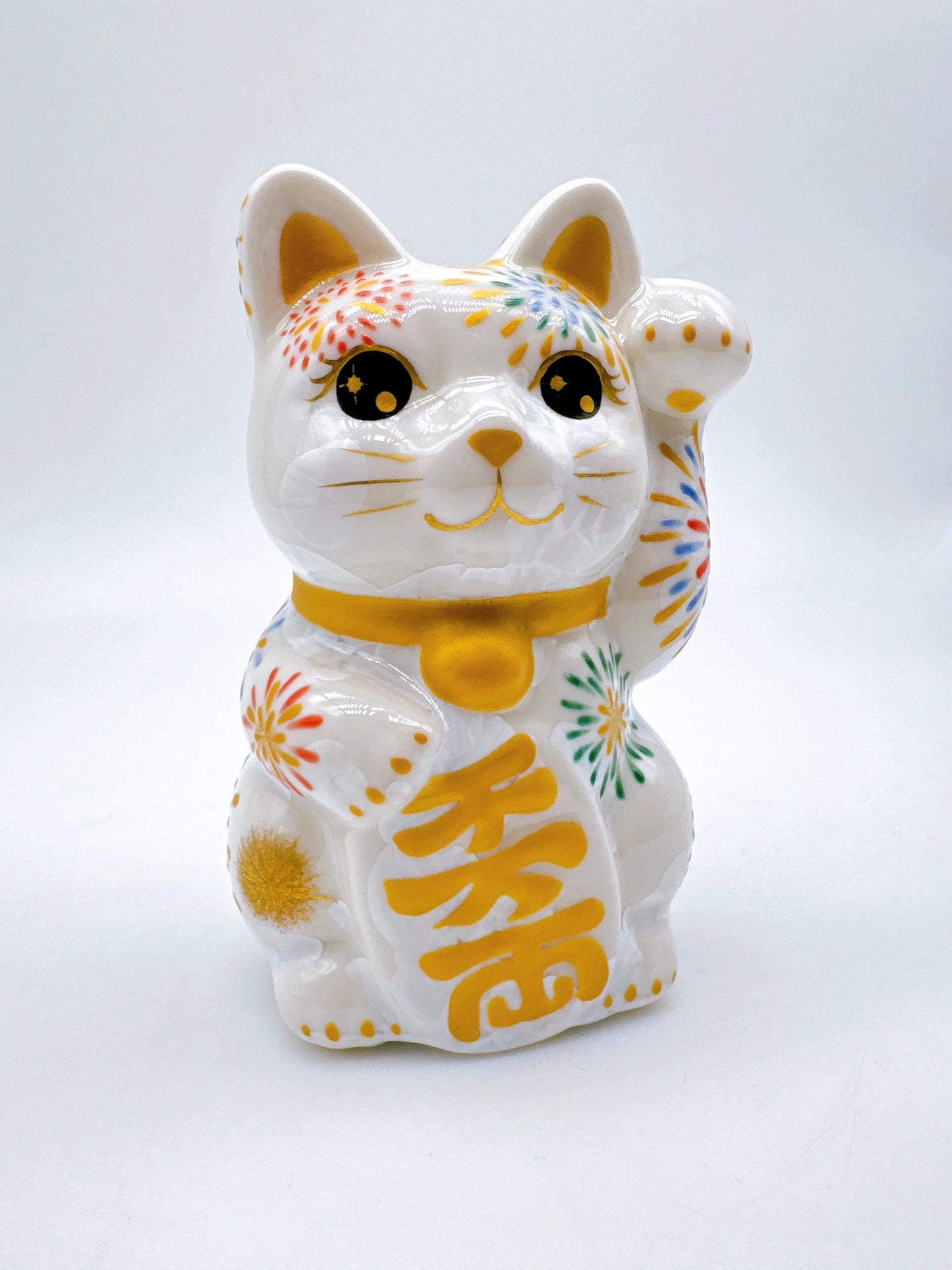 日本清水烧招财猫 花结晶 白 花火