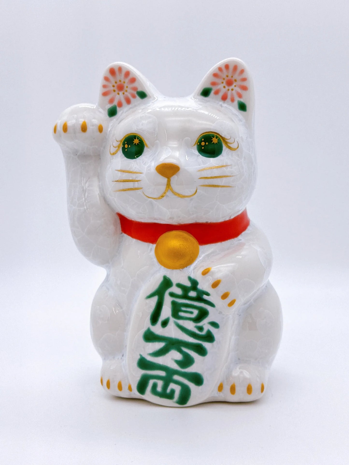 日本清水燒招財貓 花結晶 白 億万両 右