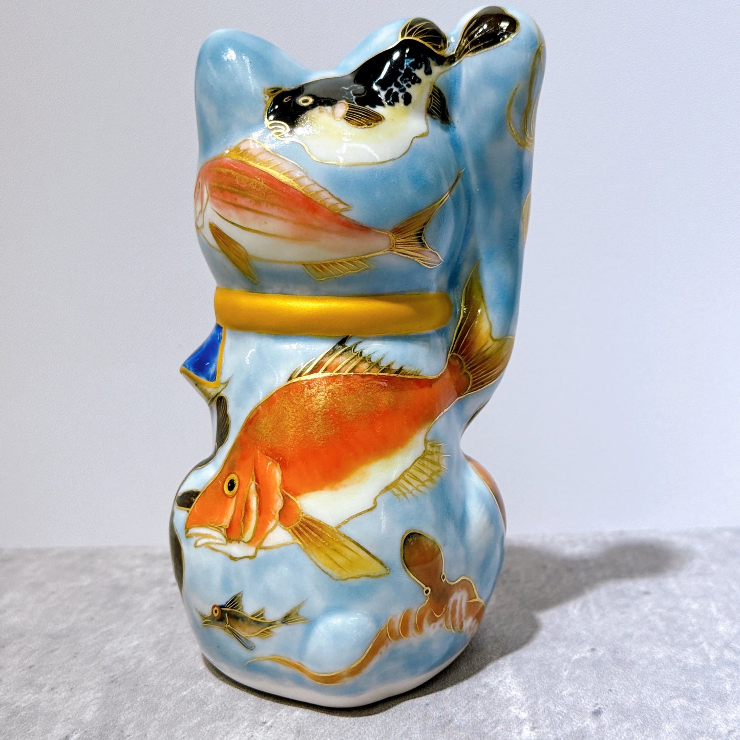 日本清水燒招財貓 色繪 伊藤若沖 魚群