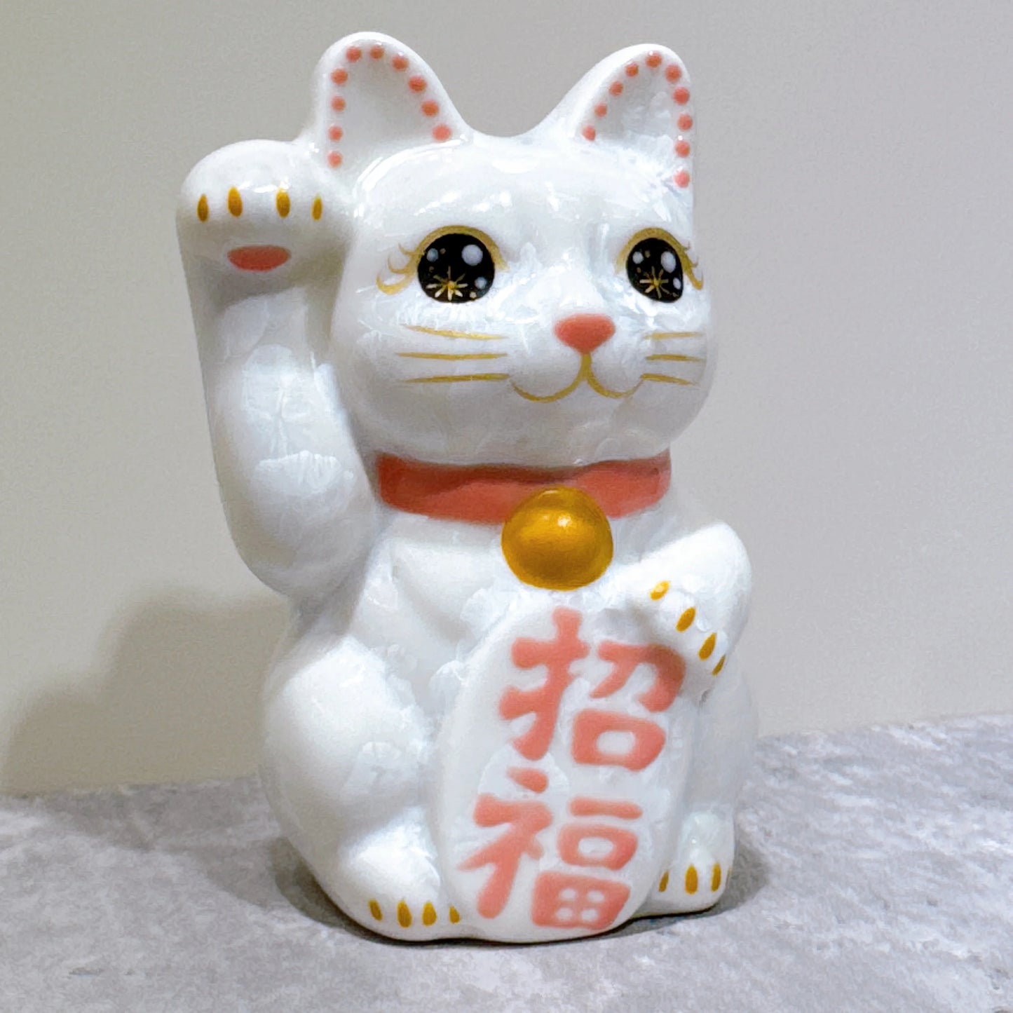 日本清水燒招財貓 花結晶 白 招福 右 特小