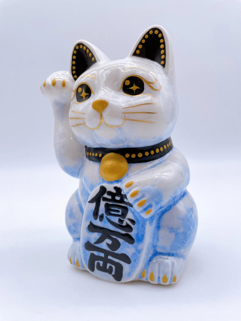 日本清水烧招财猫 花结晶 青白 亿万两