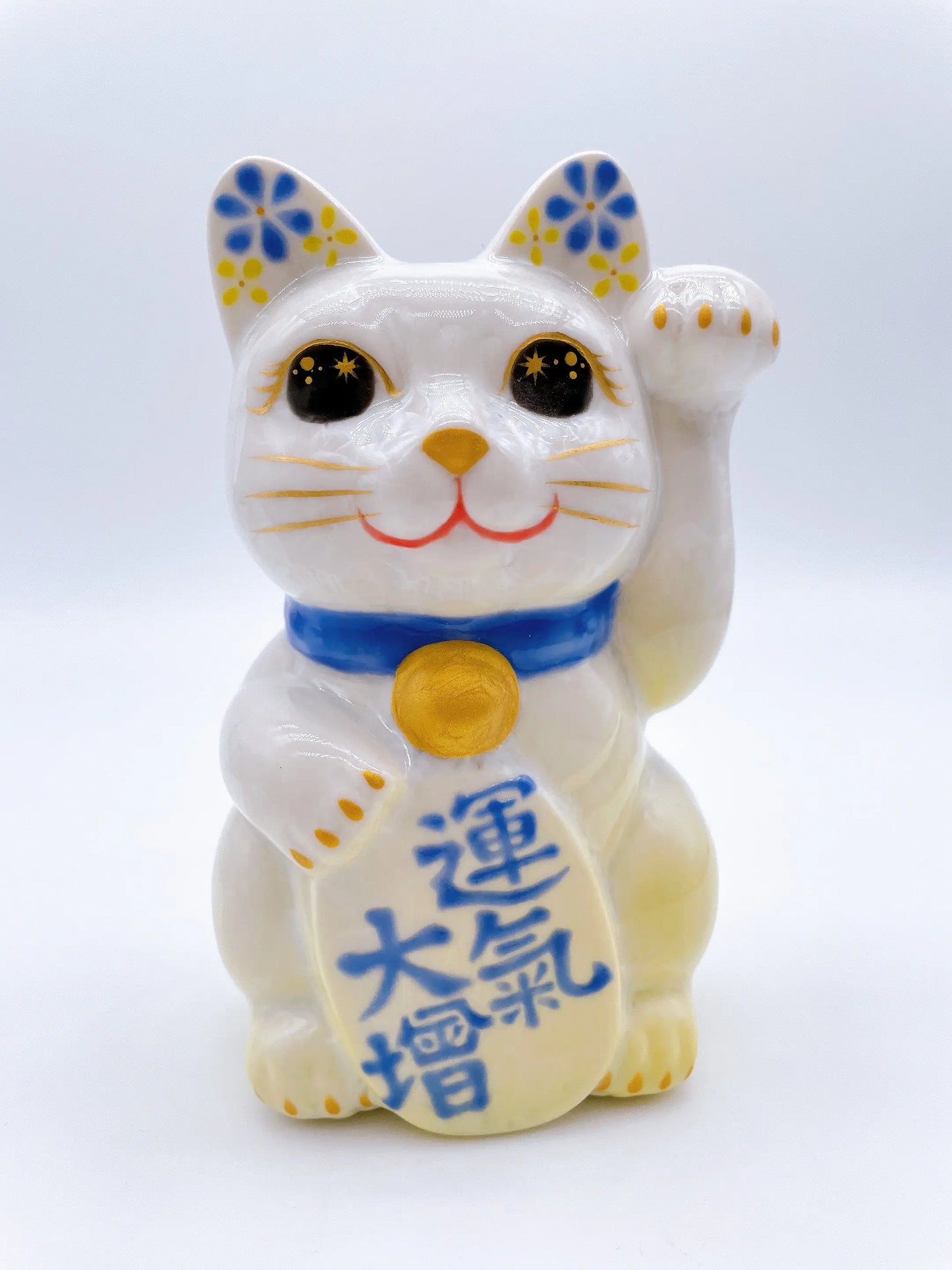 日本清水烧招财猫 花结晶 黄白 运气大增