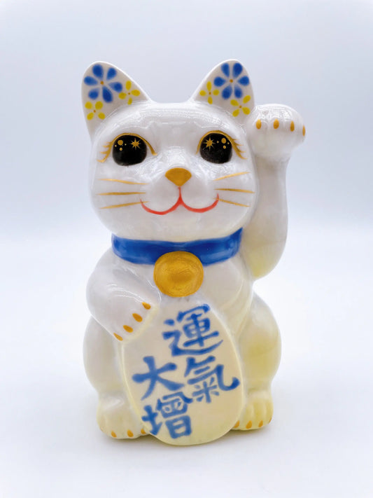 日本清水燒招財貓 花結晶 黃白 運氣大增