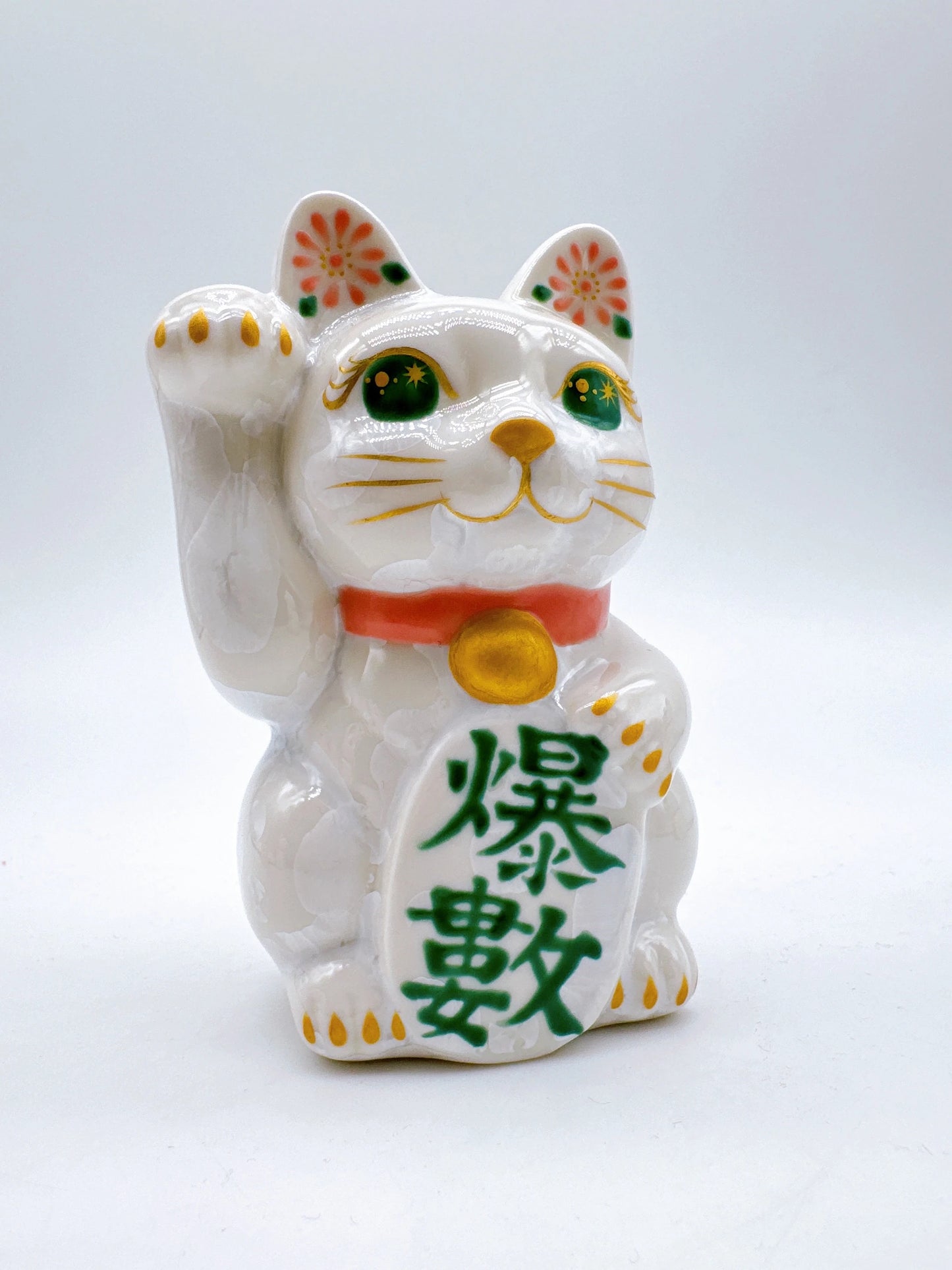 日本清水燒招財貓 花結晶 爆數 白 右