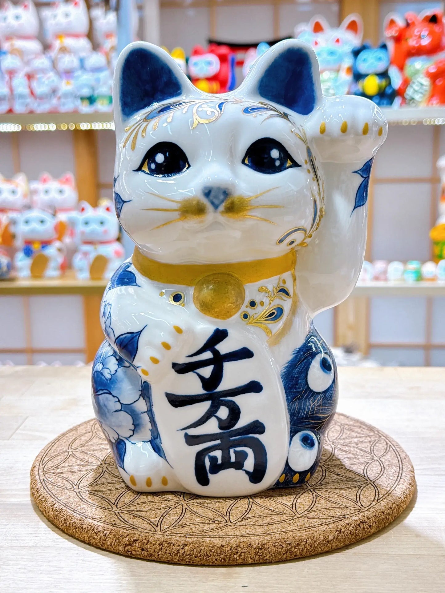 日本清水燒招財貓 染付 金彩 孔雀牡丹圖 特大