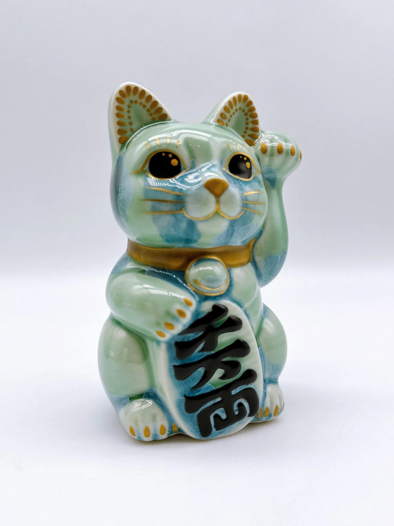 日本清水烧招财猫 花结晶 绿 千万两 左
