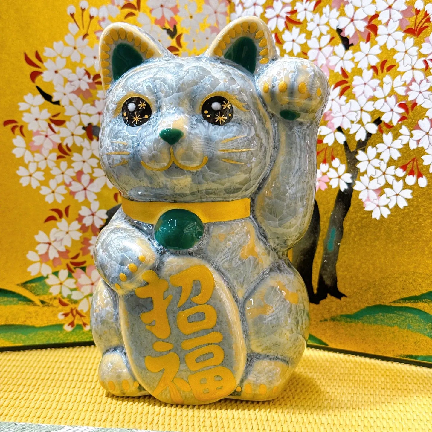 日本清水燒招財貓 花結晶 灰青 招福
