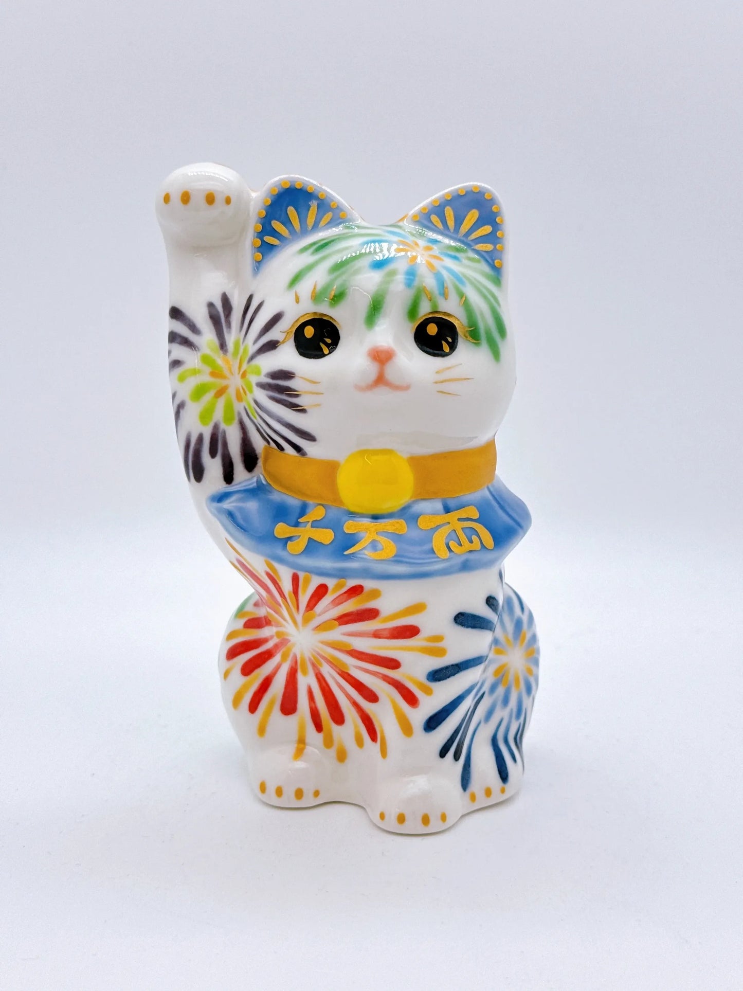 日本清水燒招財貓 色繪 花火