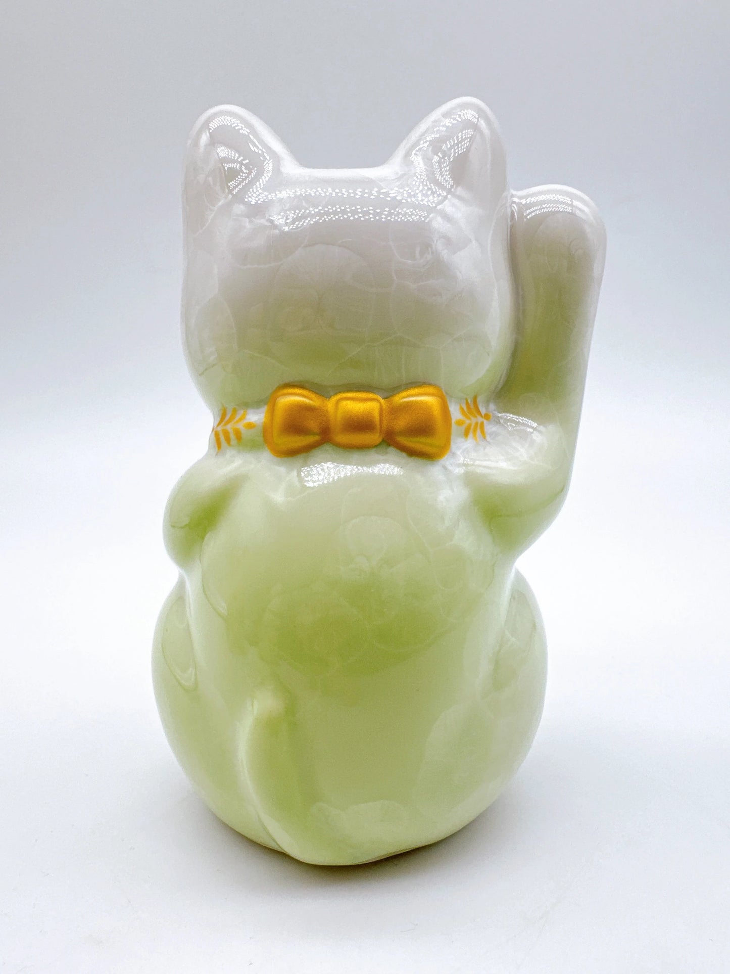 日本清水烧招财猫 花结晶 白绿 健康