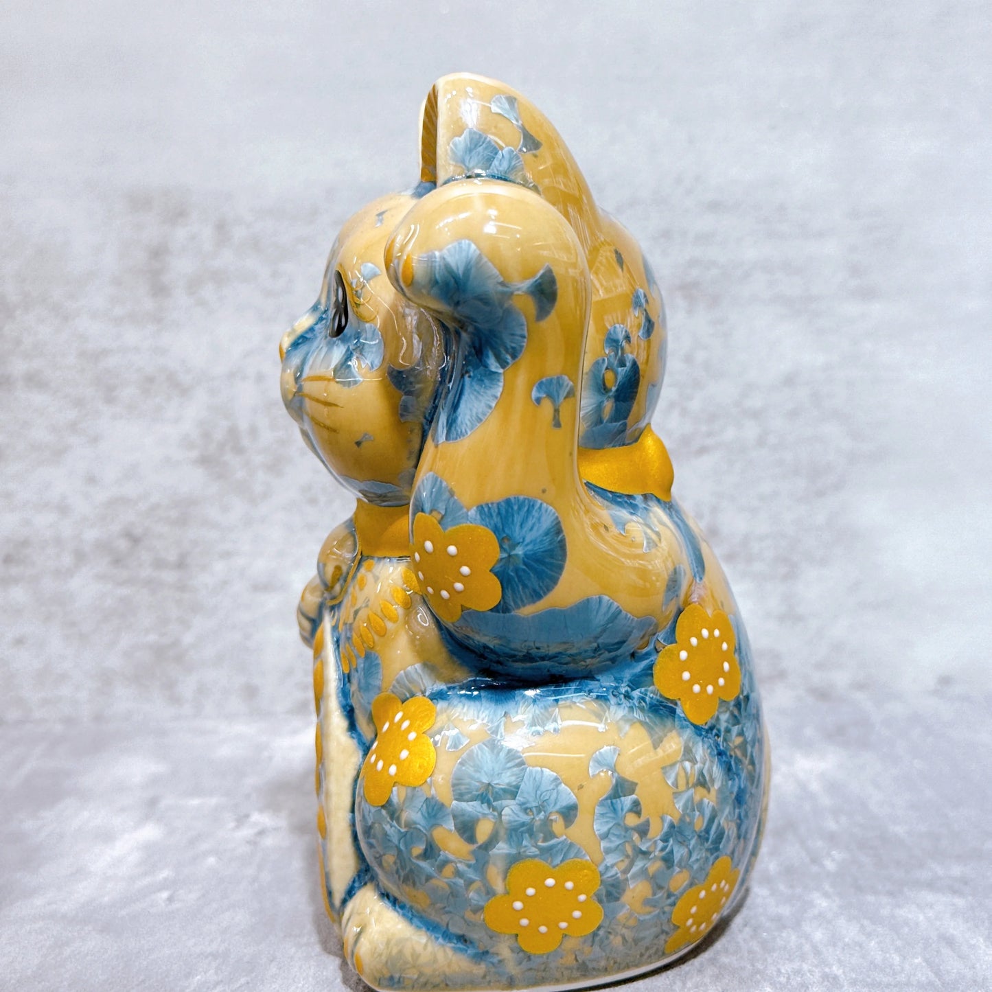 日本清水燒招財貓 花結晶 灰青 体花 千万両