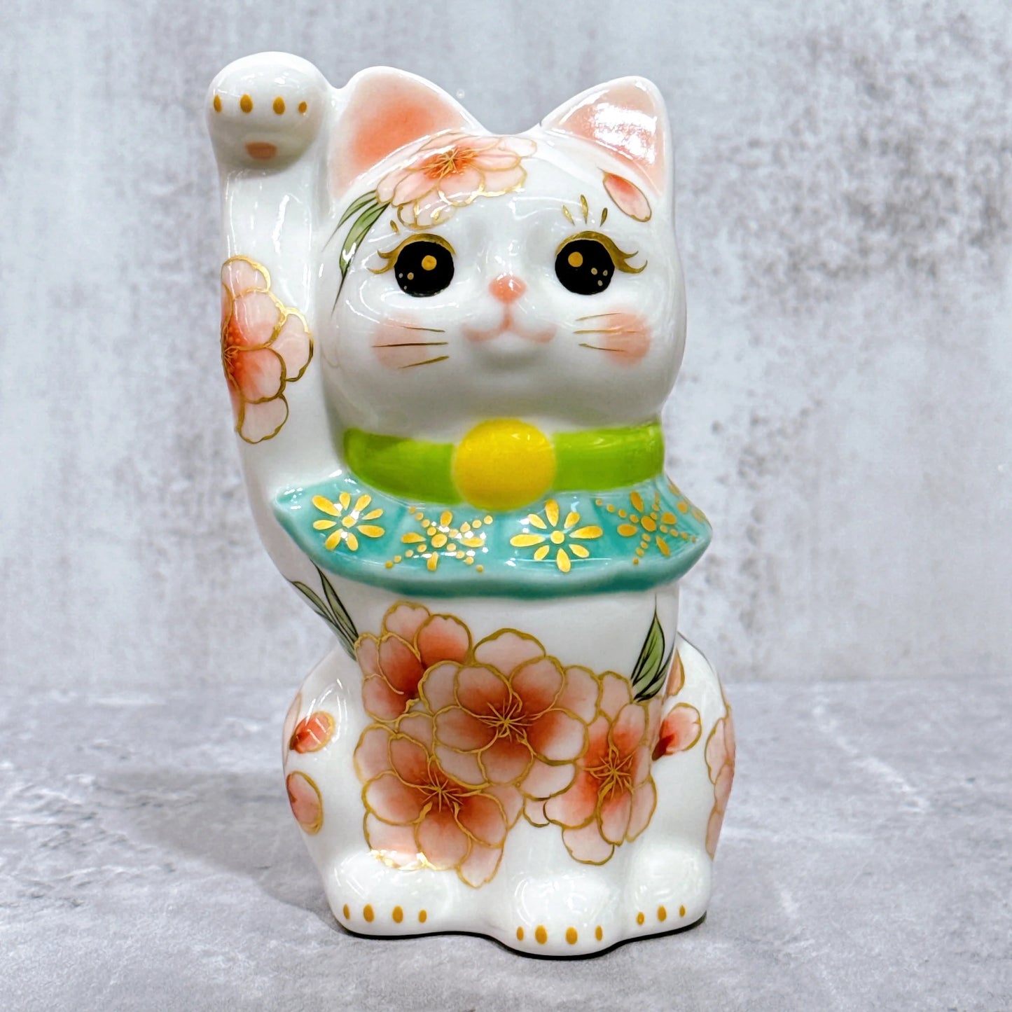 日本清水燒招財貓 色繪 綠櫻