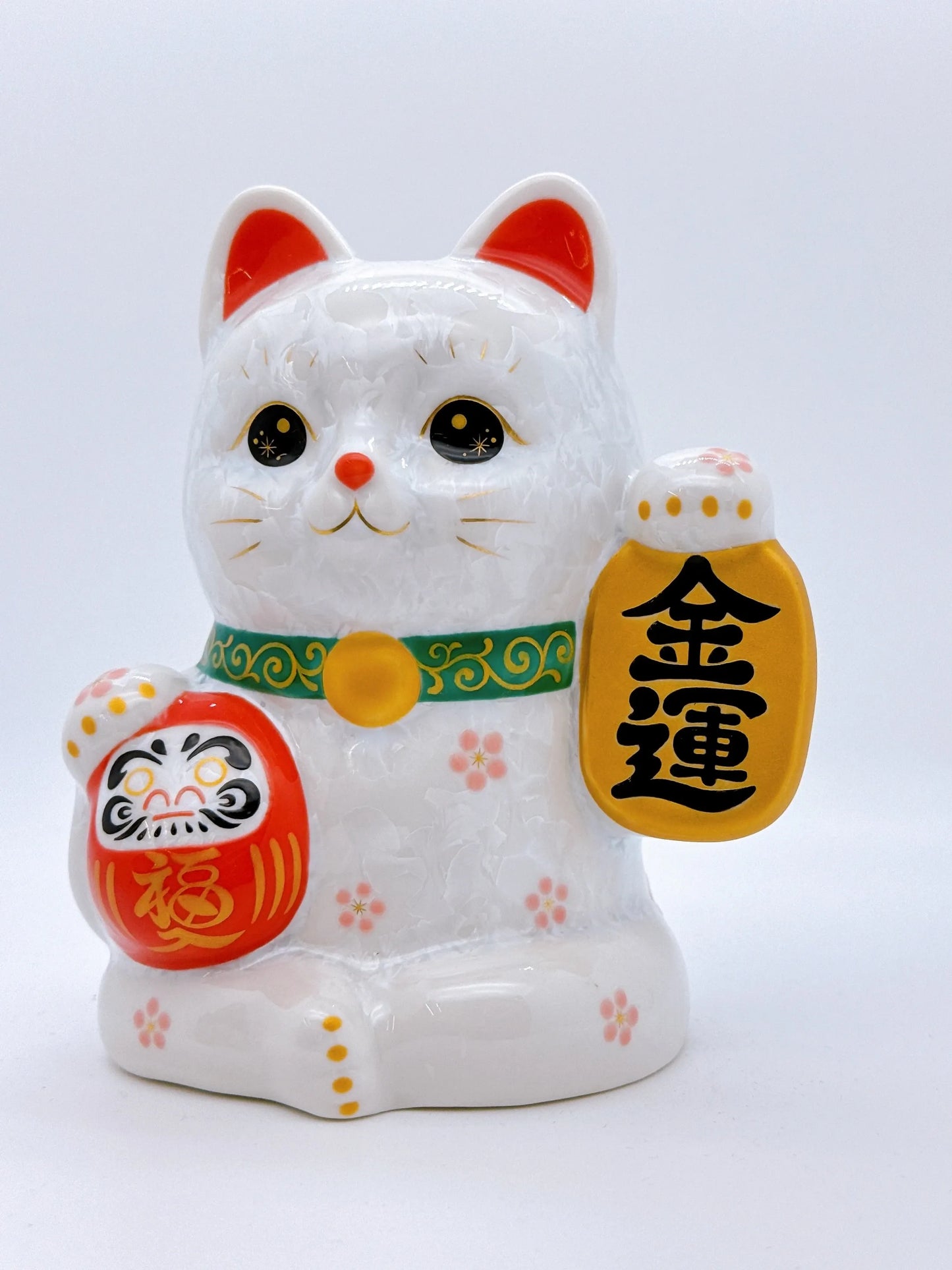 日本清水燒招財貓 達摩 花結晶 白 金運