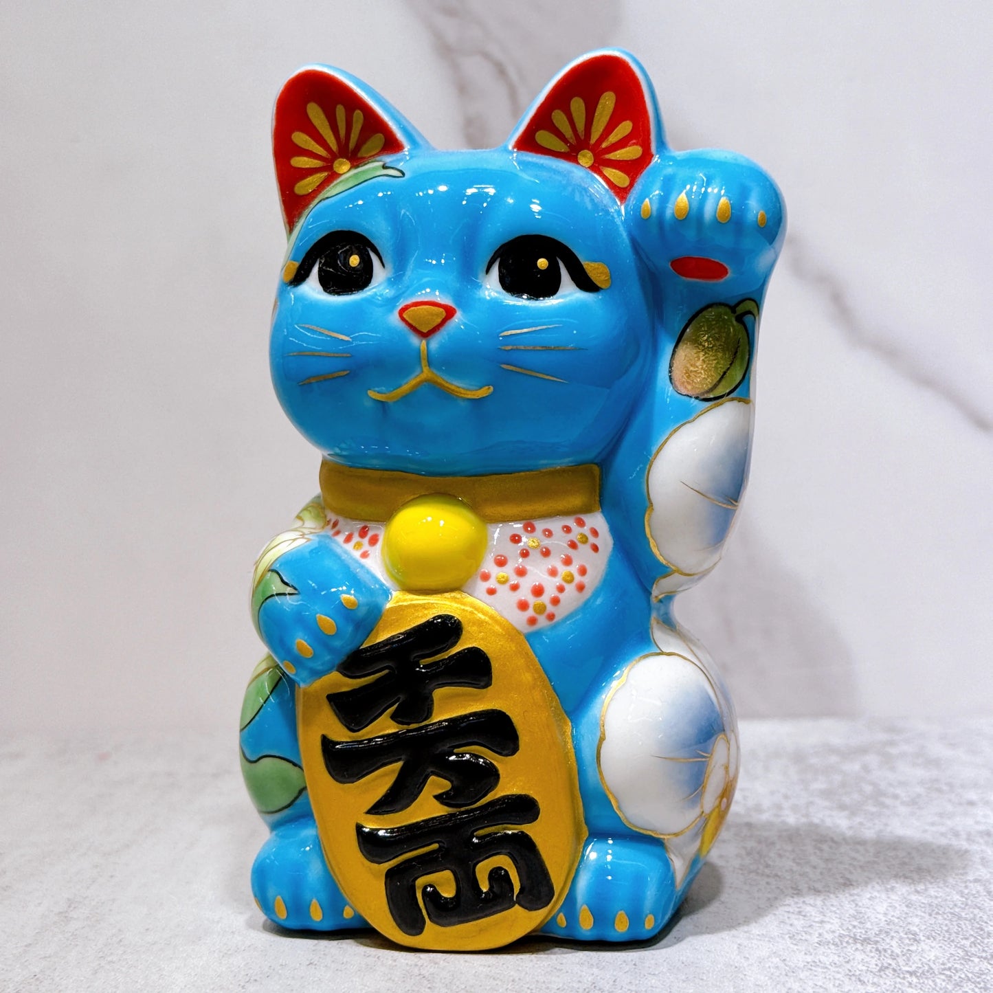 日本清水烧招财猫 色绘 水色 洋花