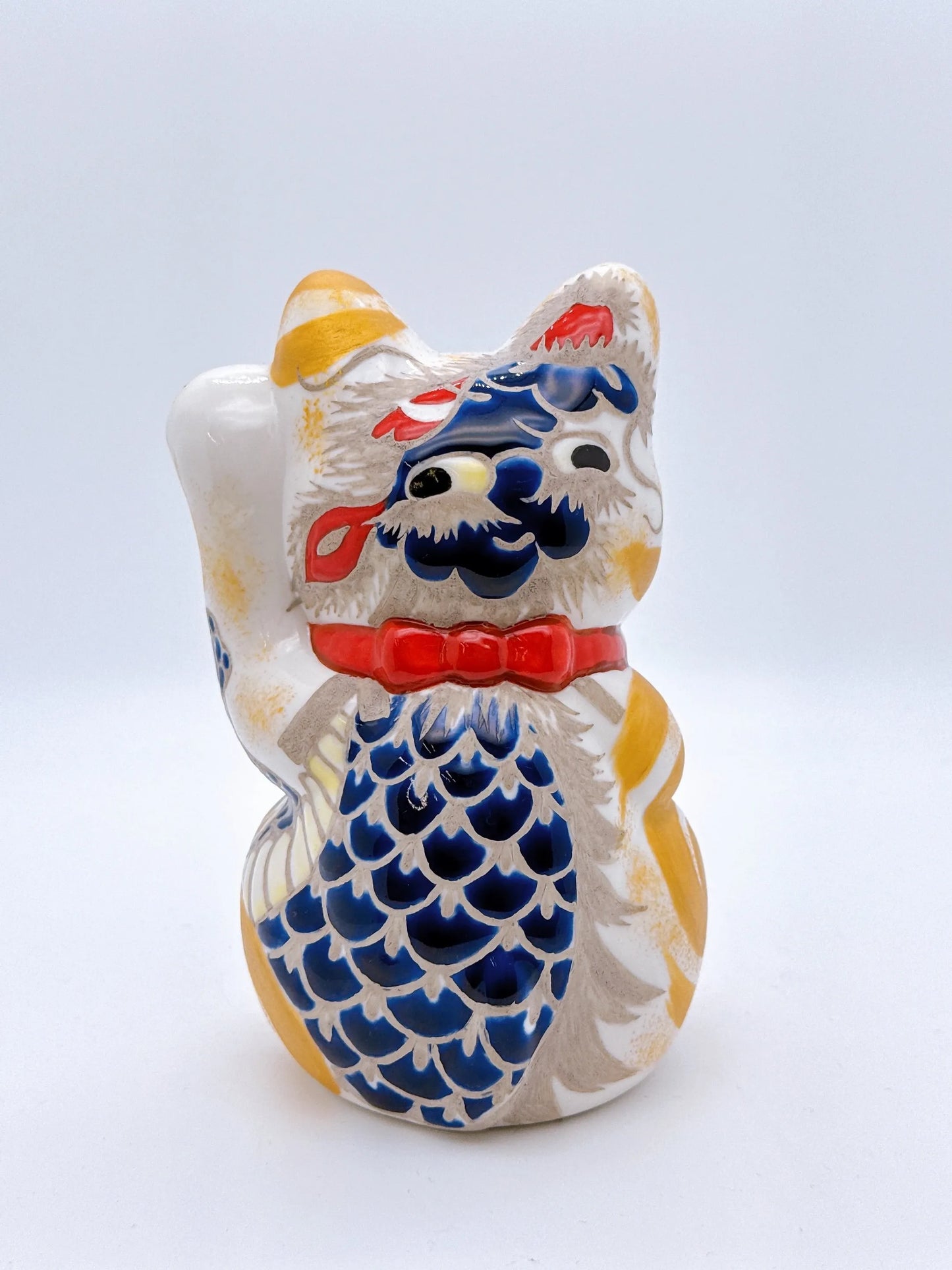 日本清水烧招财猫 色绘 舞龙