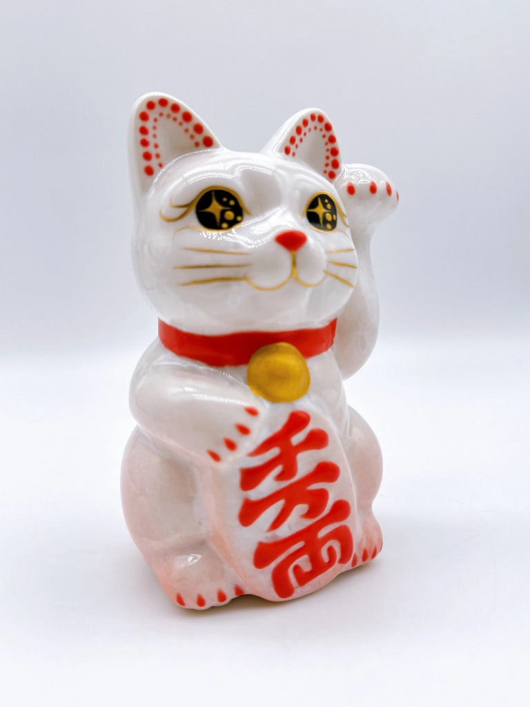 日本清水烧招财猫 花结晶 桃白 千万两 左