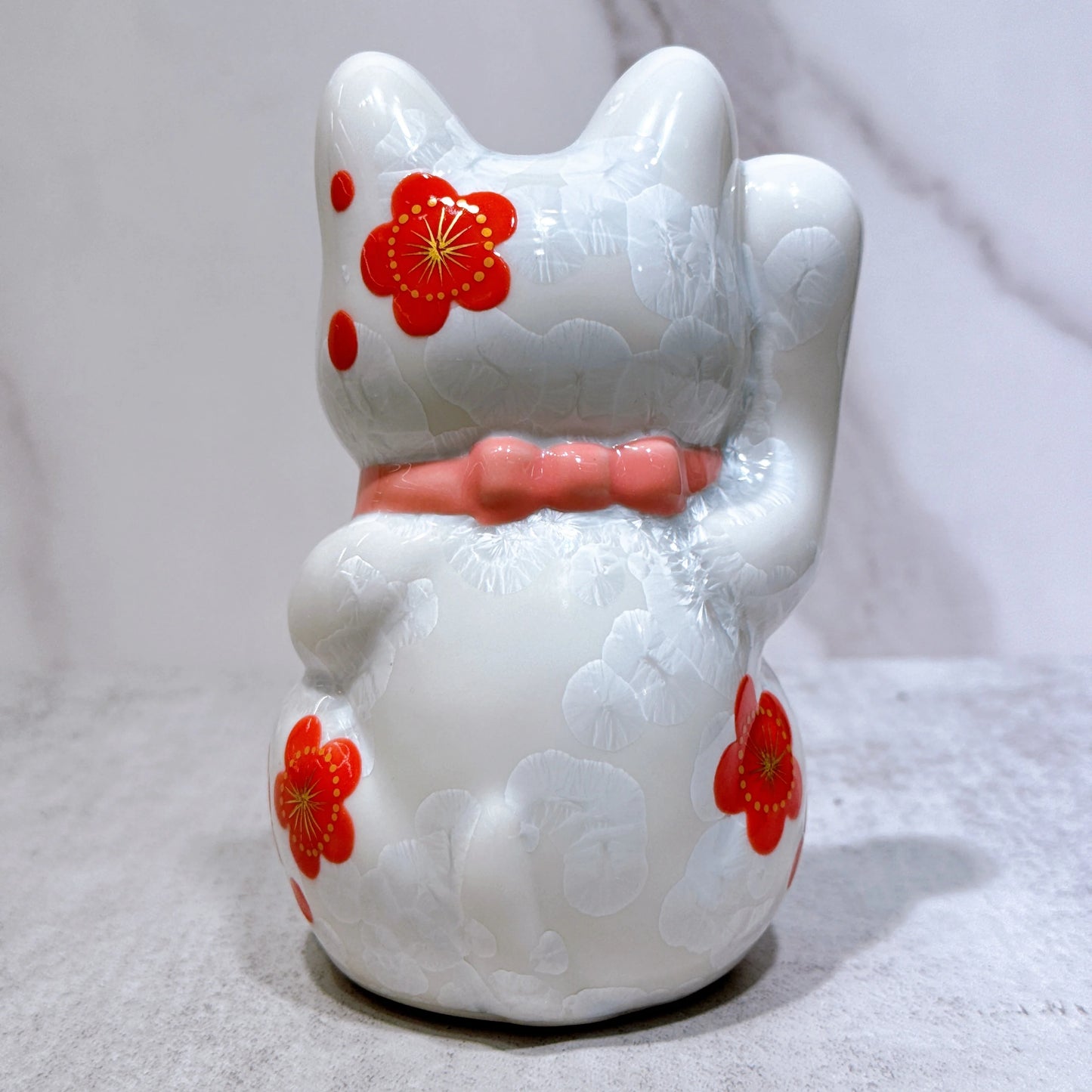 日本清水燒招財貓 花結晶 白 体花 招福 右