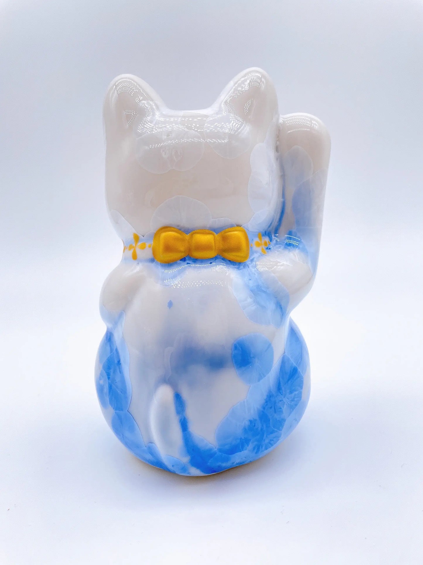 日本清水烧招财猫 花结晶 青白 千客万来