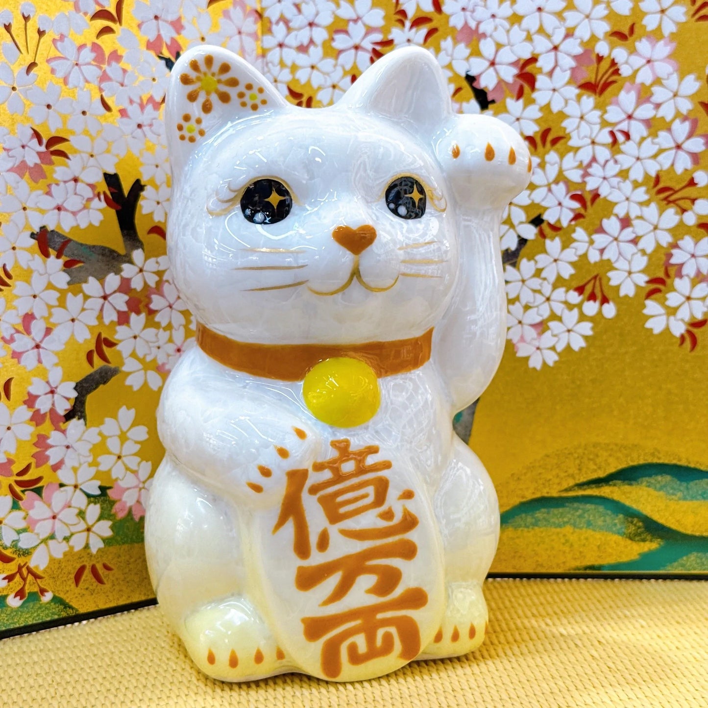 日本清水燒招財貓 花結晶 黃白 億万両 左