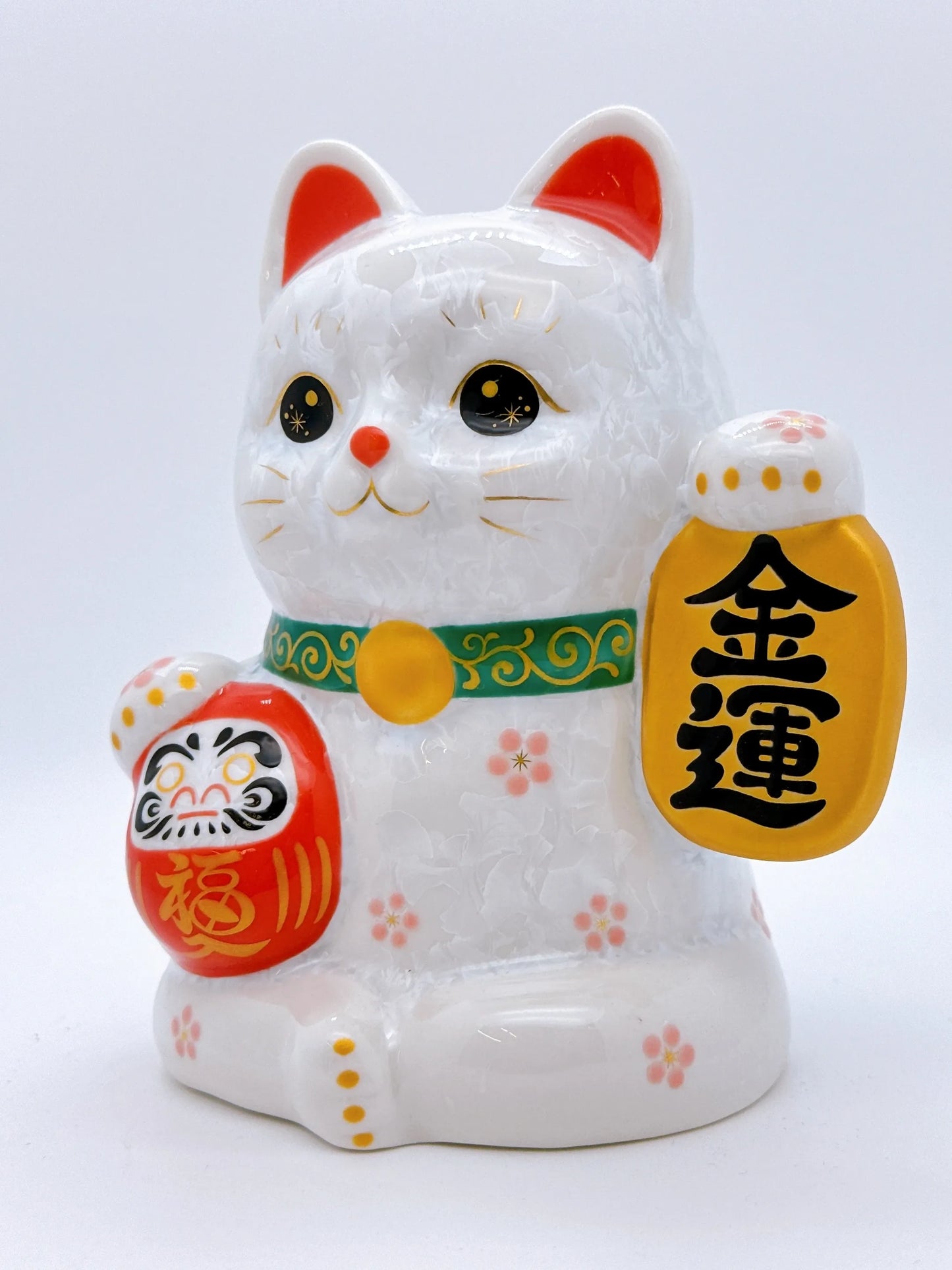日本清水燒招財貓 達摩 花結晶 白 金運