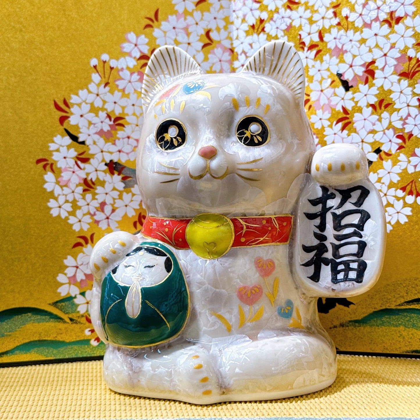 日本清水燒招財貓 達摩 花結晶 杏 招福