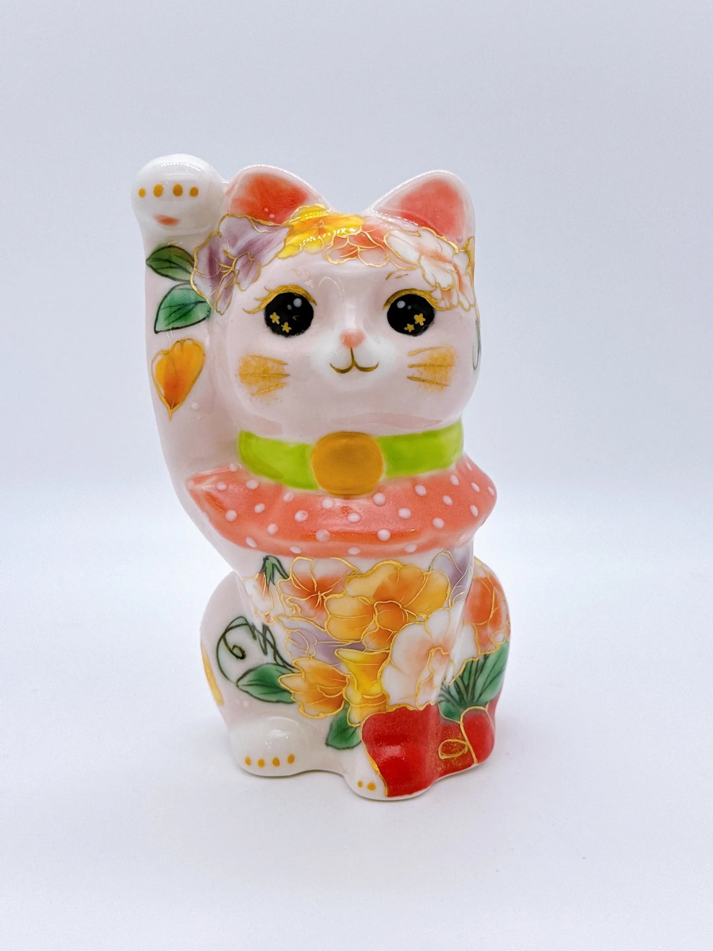 日本清水燒招財貓 色繪 粉紅香豌豆