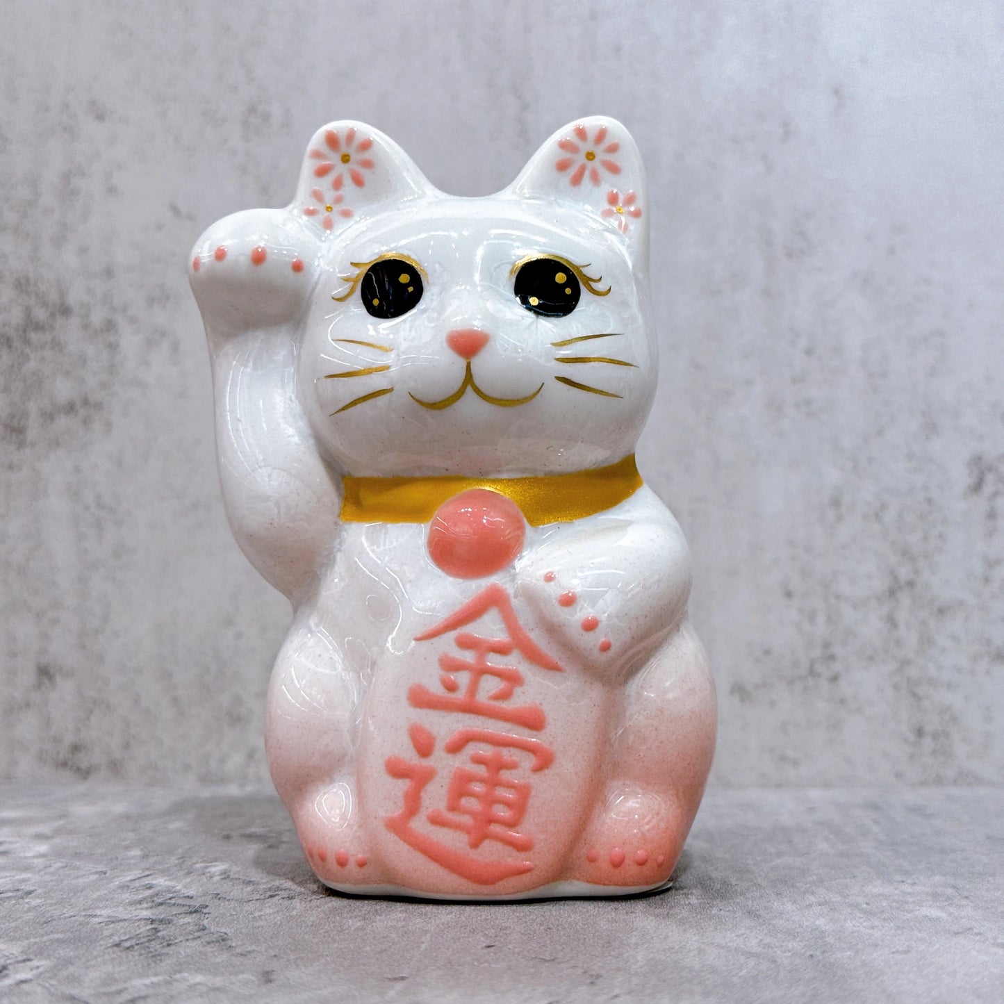 日本清水燒招財貓 花結晶 桃白 金運 右 特小