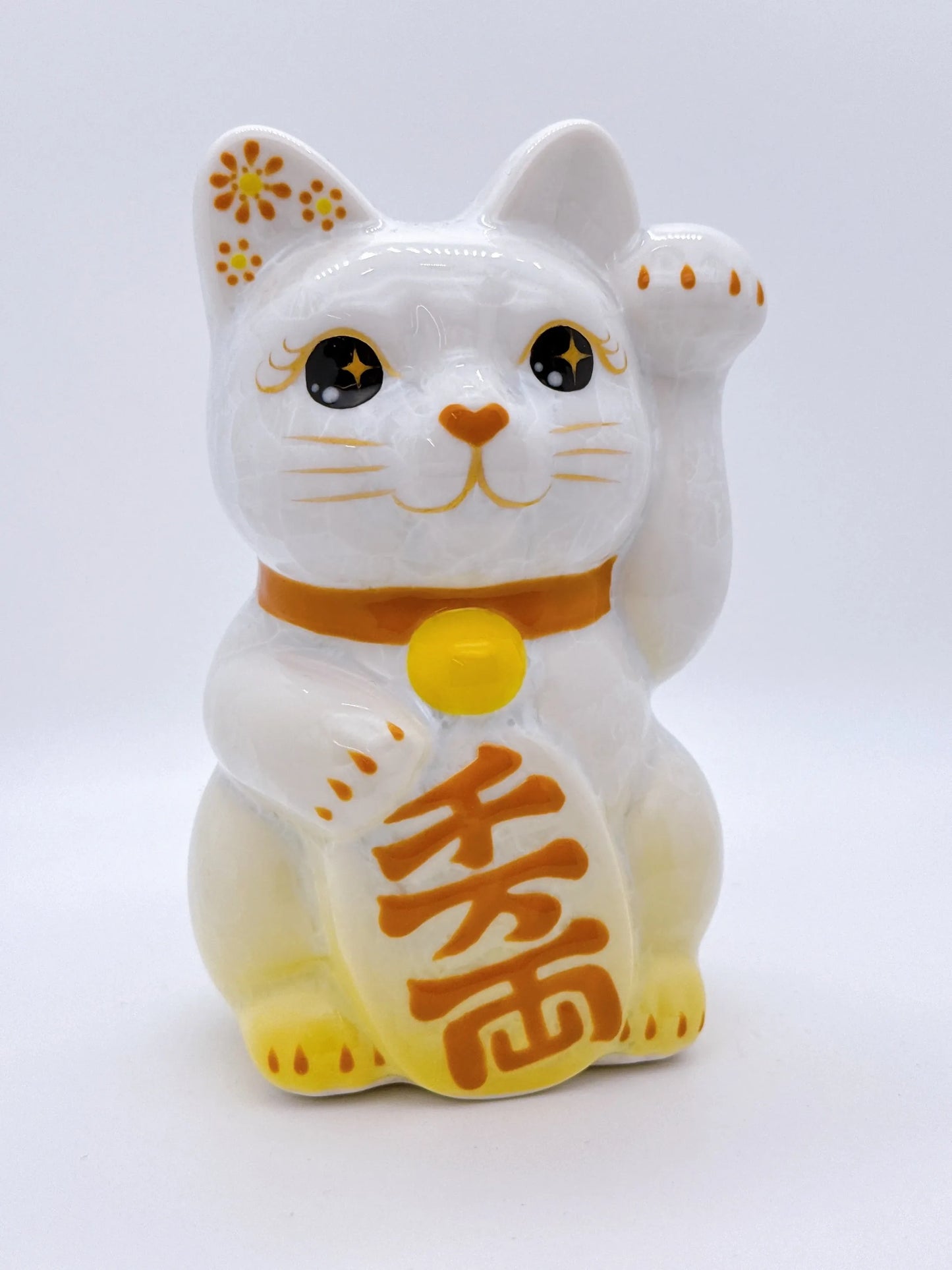 日本清水烧招财猫 花结晶 黄白 千万两 左