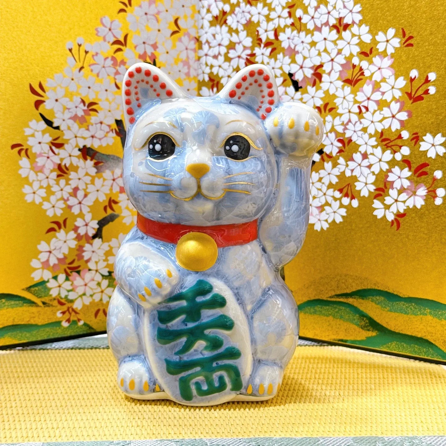 日本清水燒招財貓 花結晶 銀藤 千万両 左