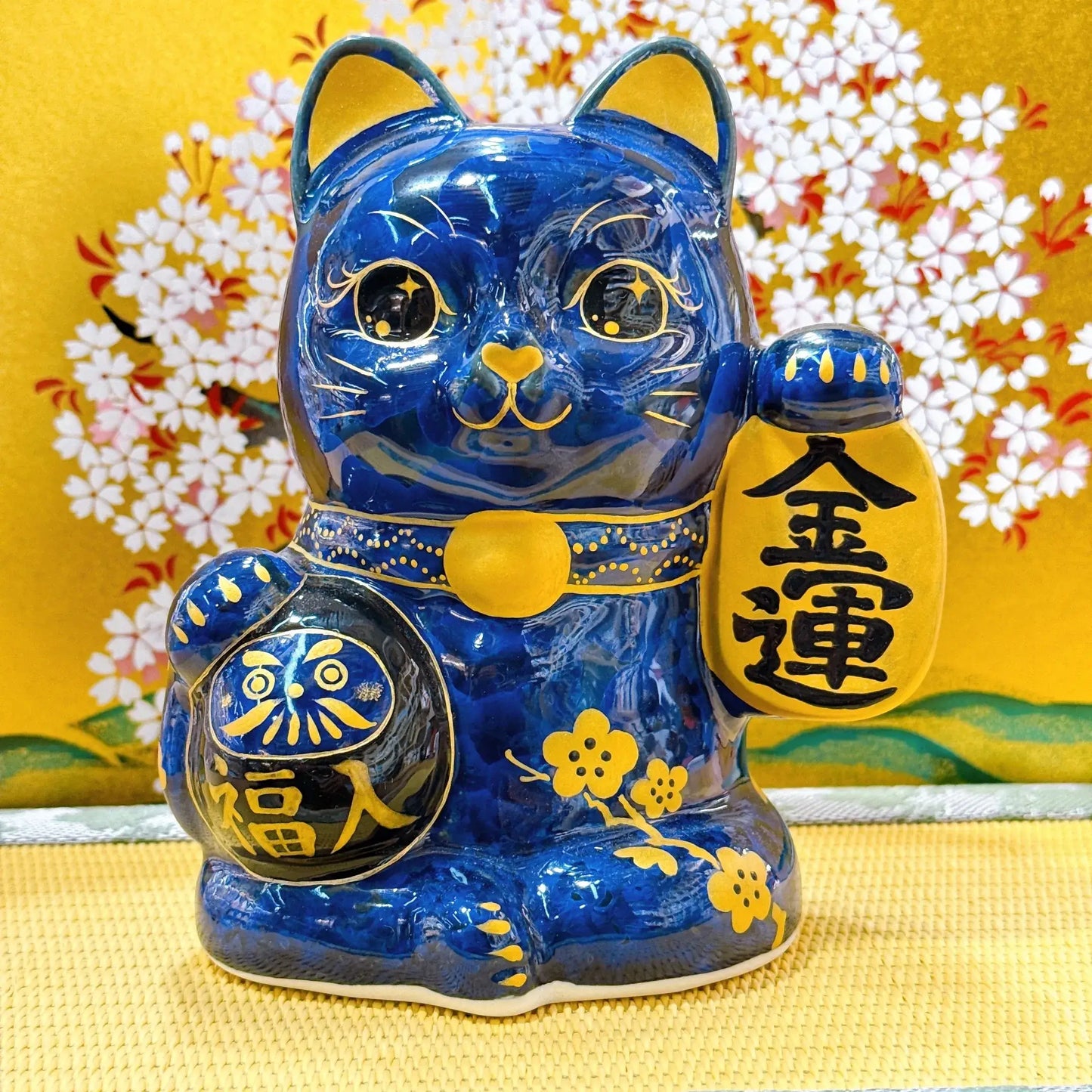 日本清水燒招財貓 達摩 花結晶 青墨 金運