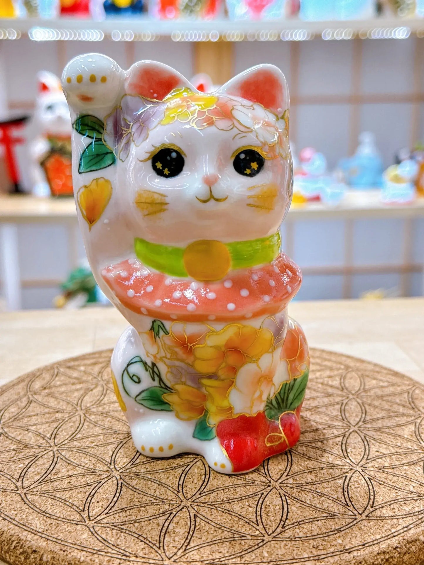 日本清水燒招財貓 色繪 粉紅香豌豆