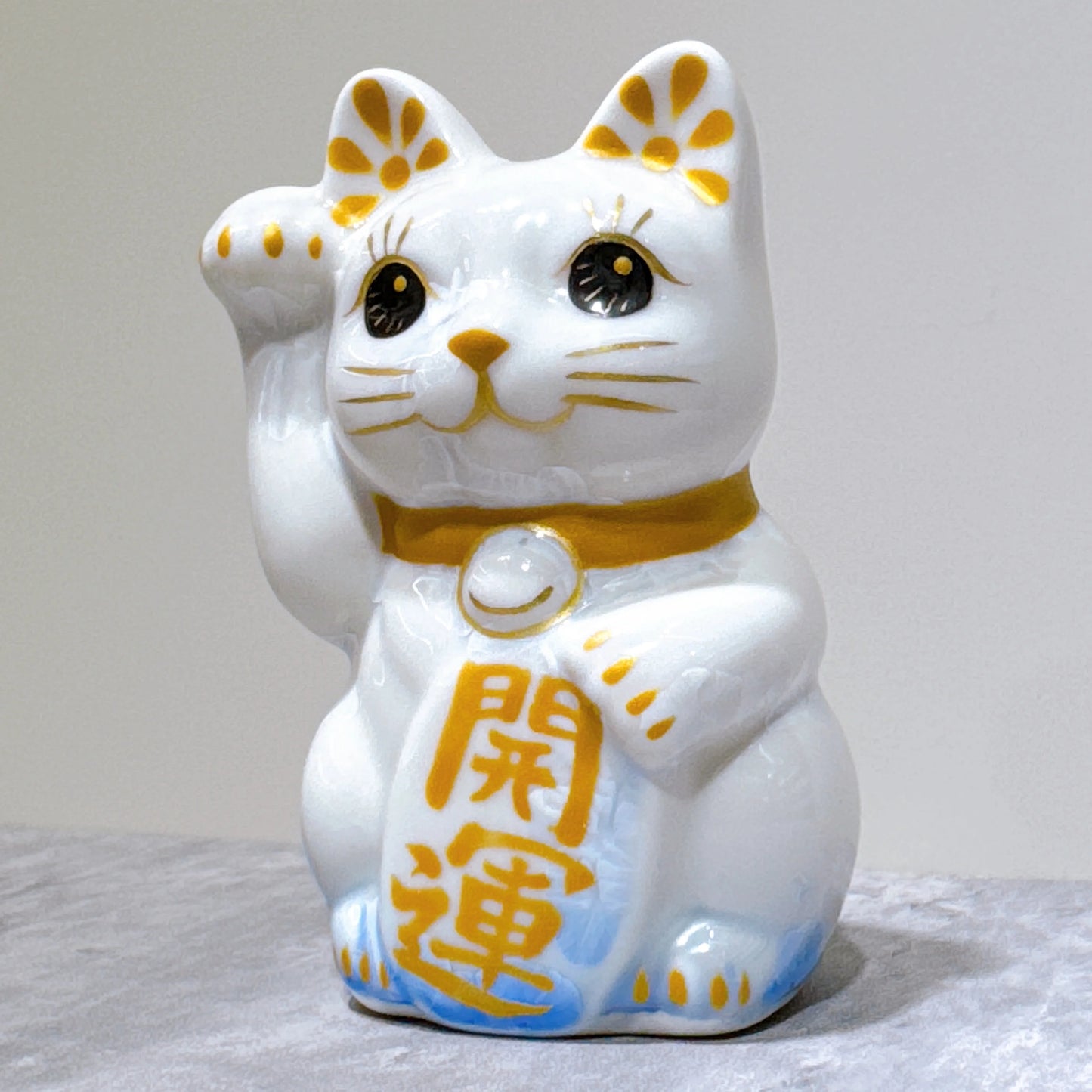 日本清水燒招財貓 花結晶 青白 開運 右 特小