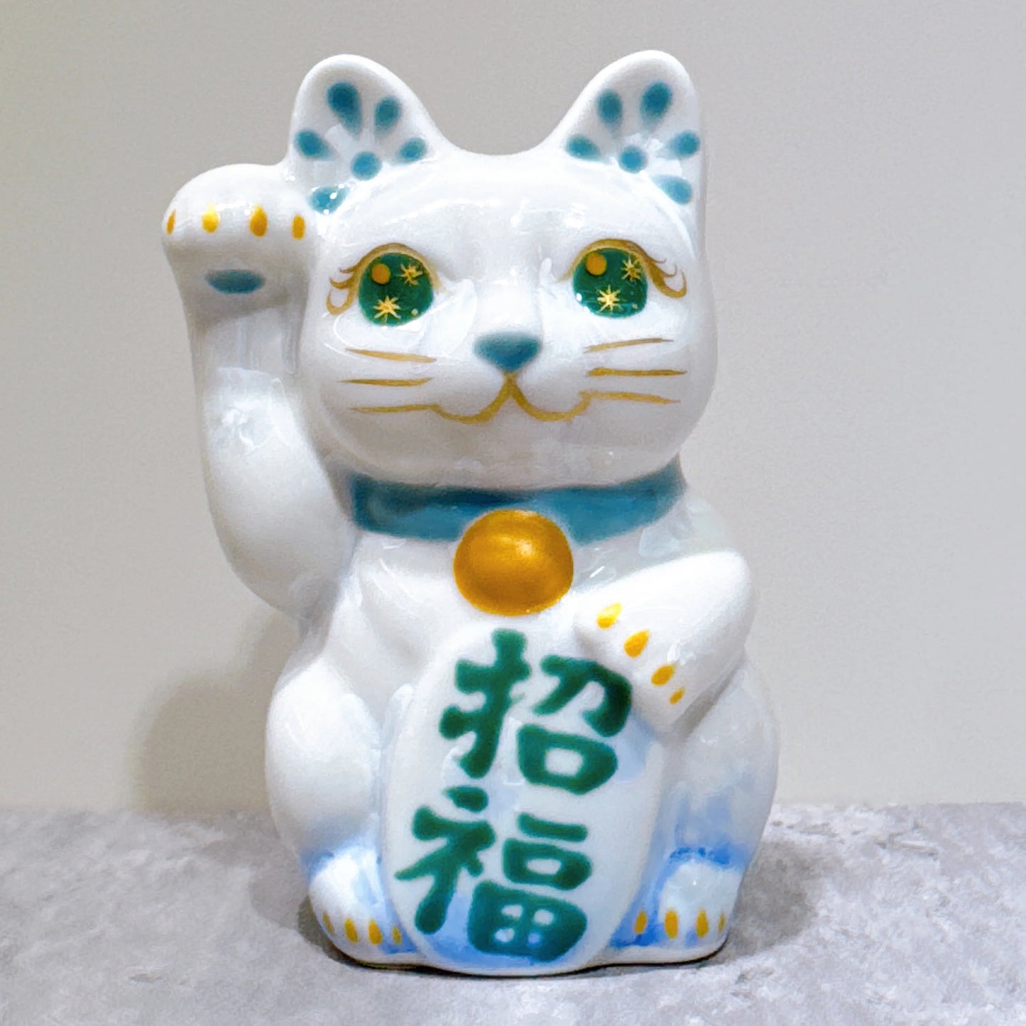 日本清水燒招財貓 花結晶 青白 招福 右 特小