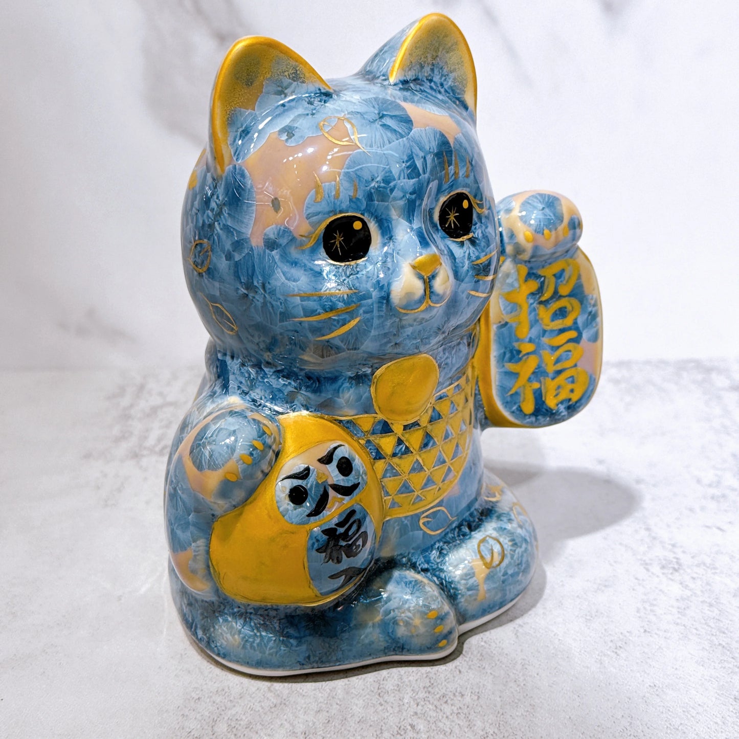 日本清水燒招財貓 達摩 花結晶 灰青 招福