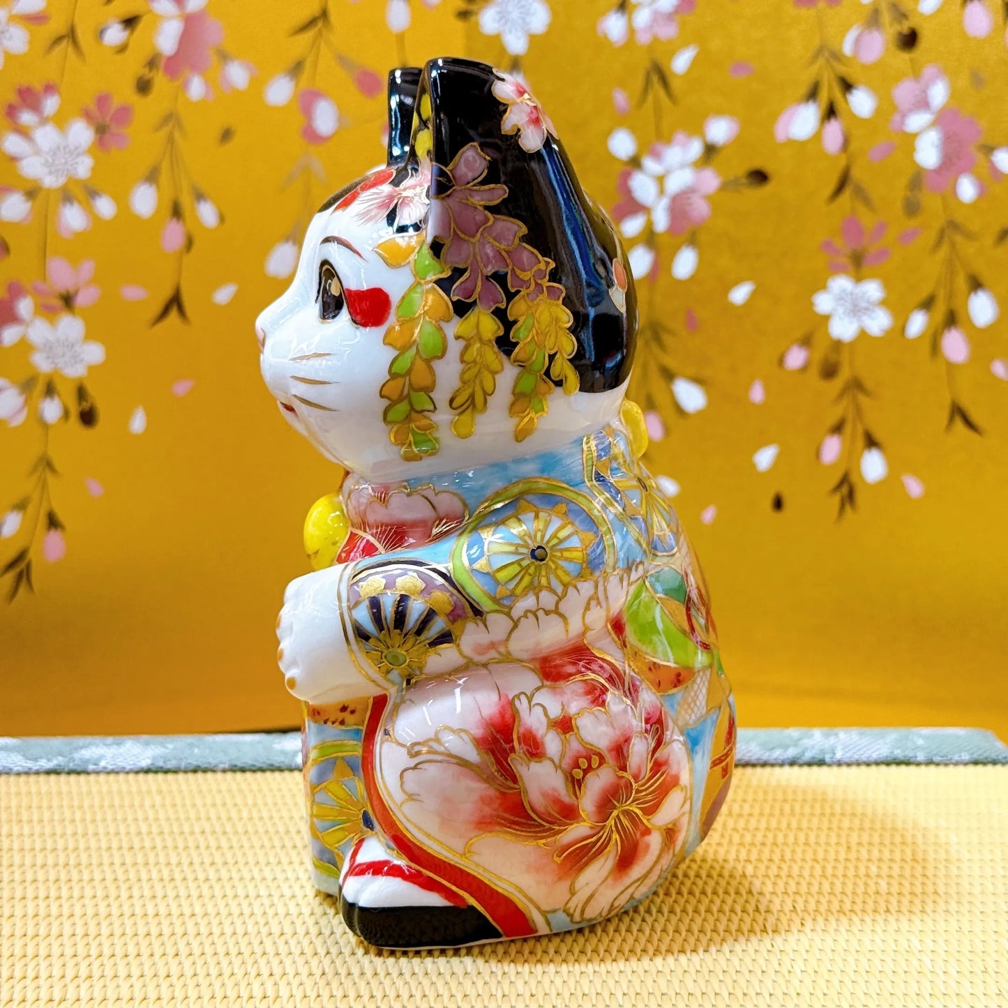 日本清水烧招财猫 色绘 舞伎玄华
