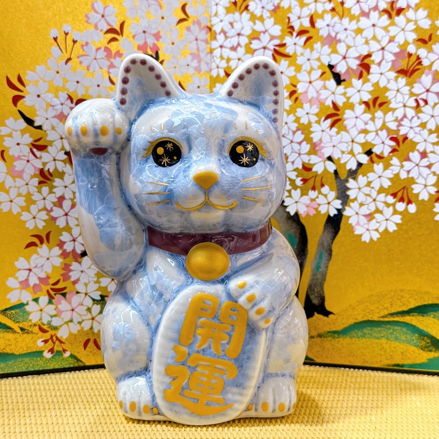 日本清水燒招財貓 花結晶 銀藤 億万両 右