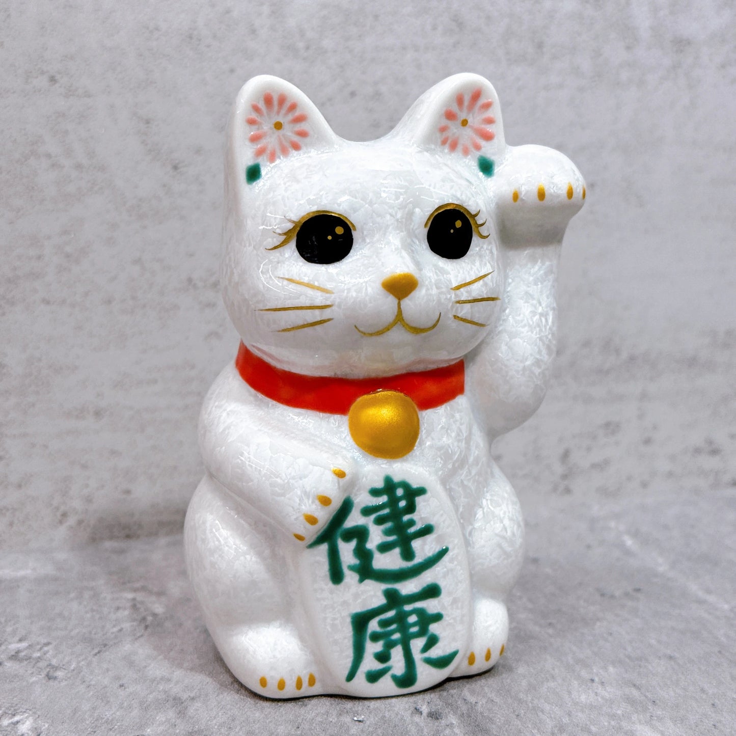 日本清水燒招財貓 花結晶 白 健康 左 特小