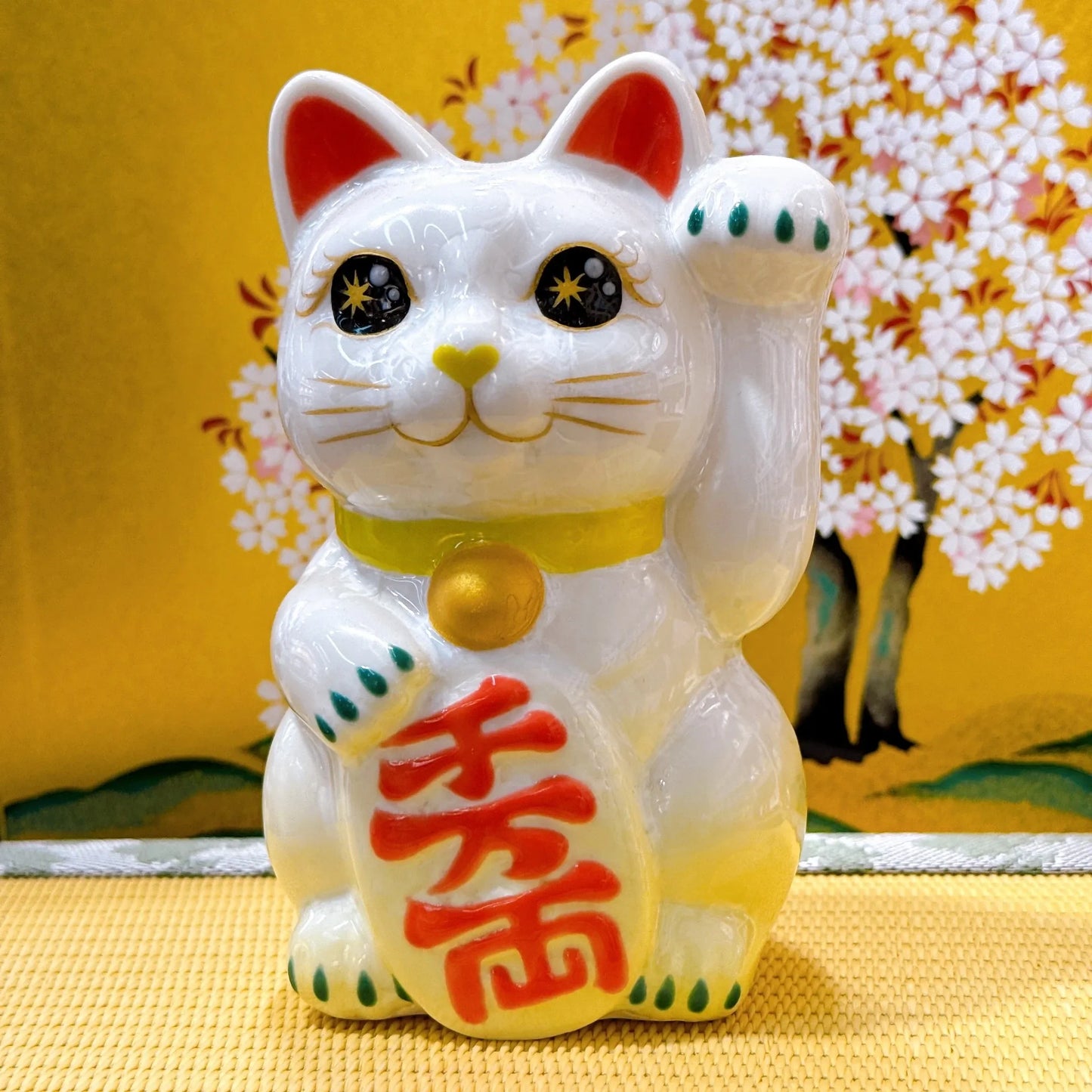 日本清水燒招財貓 花結晶 黃白 千万両 左