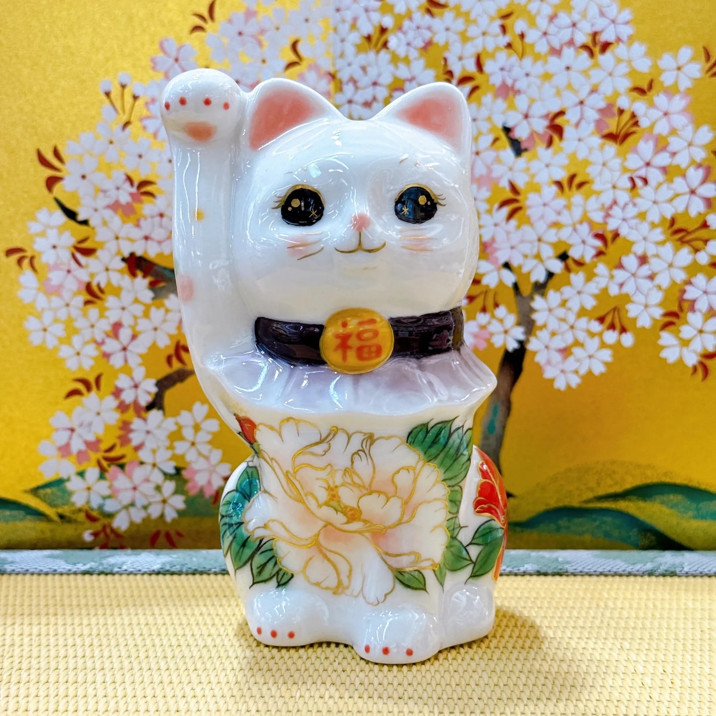 日本清水燒招財貓 色繪 白地牡丹