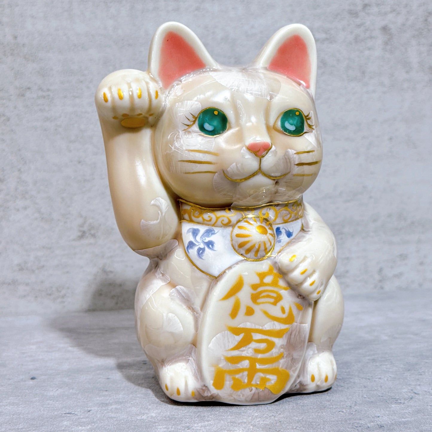 日本清水燒招財貓 花結晶 杏 体花 億萬両 右