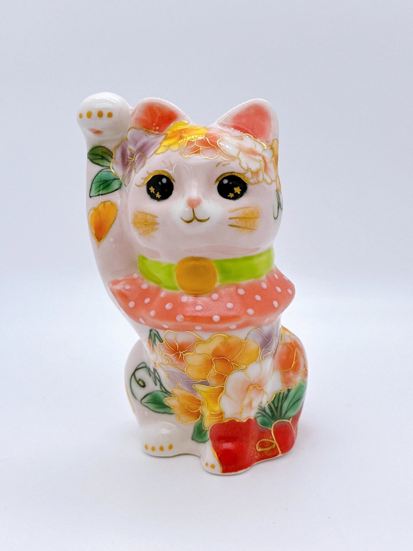 日本清水燒招財貓 色繪 粉紅香豌豆