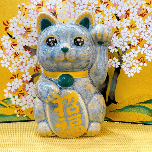 日本清水燒招財貓 花結晶 灰青 招福
