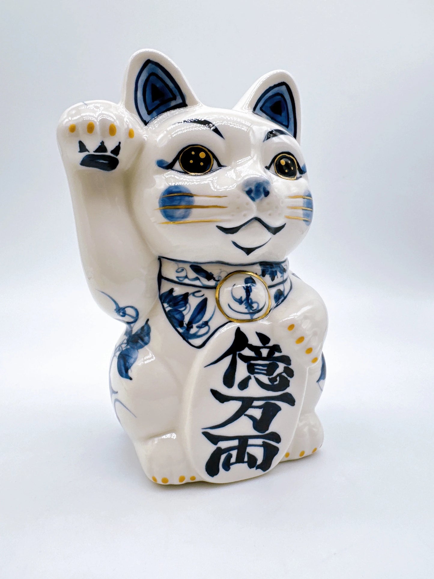 日本清水燒招財貓 染付 鐵線 金彩 特大