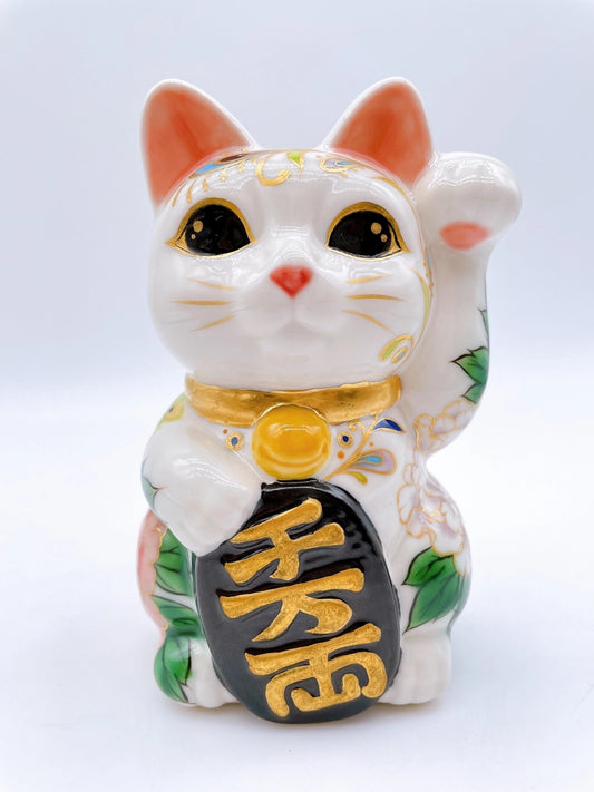 日本清水燒招財貓 孔雀牡丹圖
