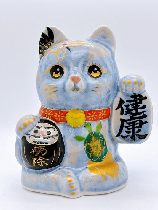 日本清水燒招財貓 達摩 花結晶 銀藤 健康
