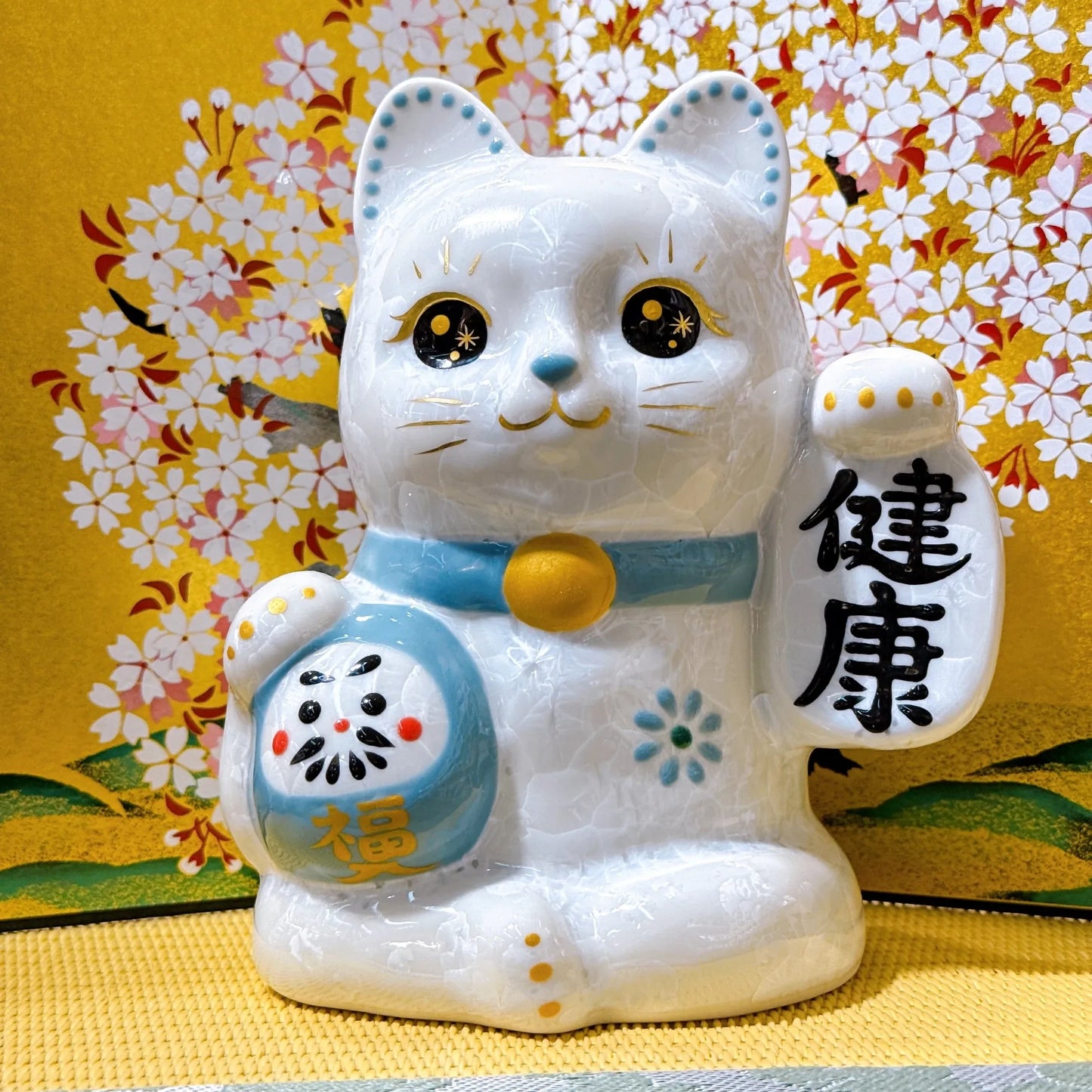 日本清水燒招財貓 達摩 花結晶 白 健康