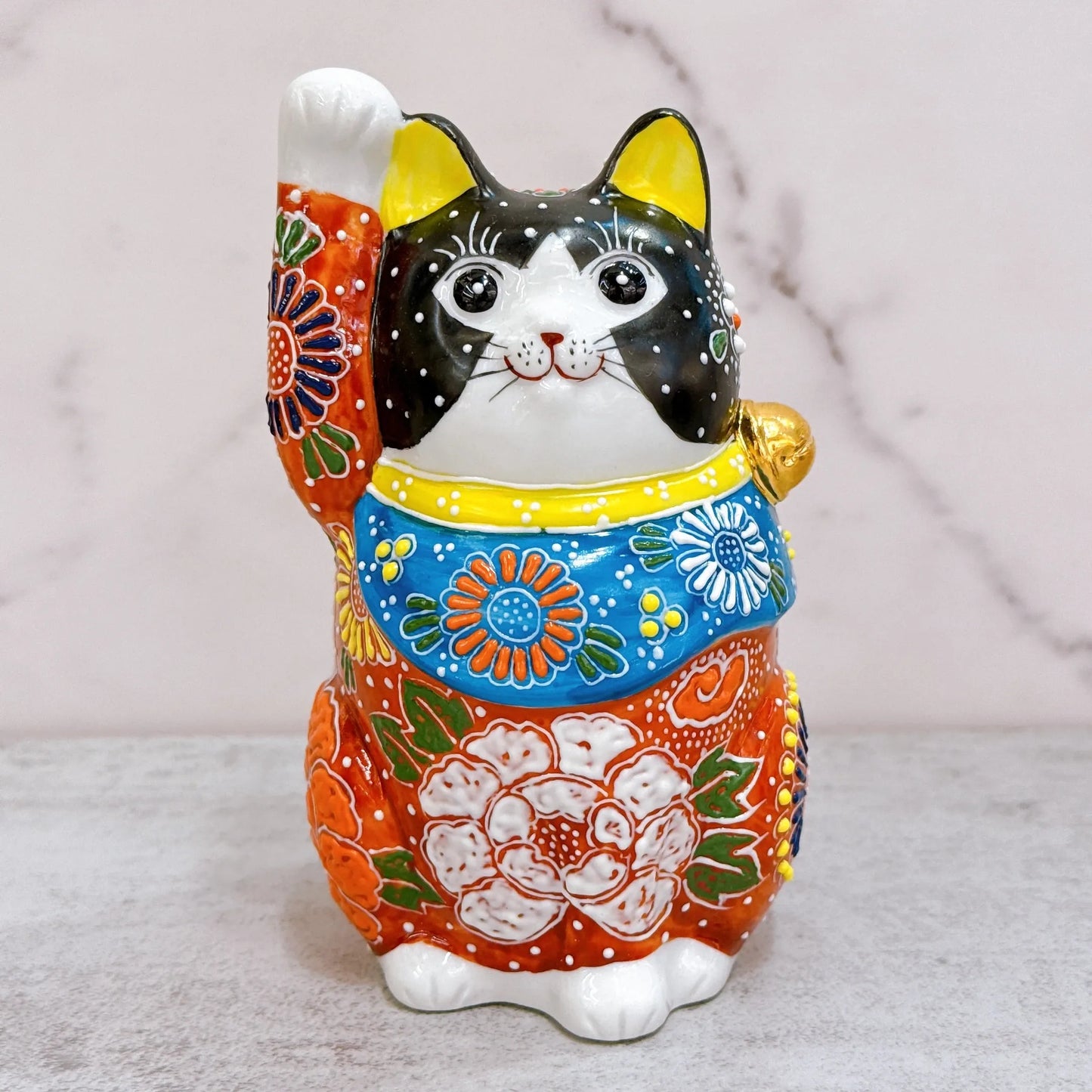 日本九谷燒招財貓 牡丹黑貓